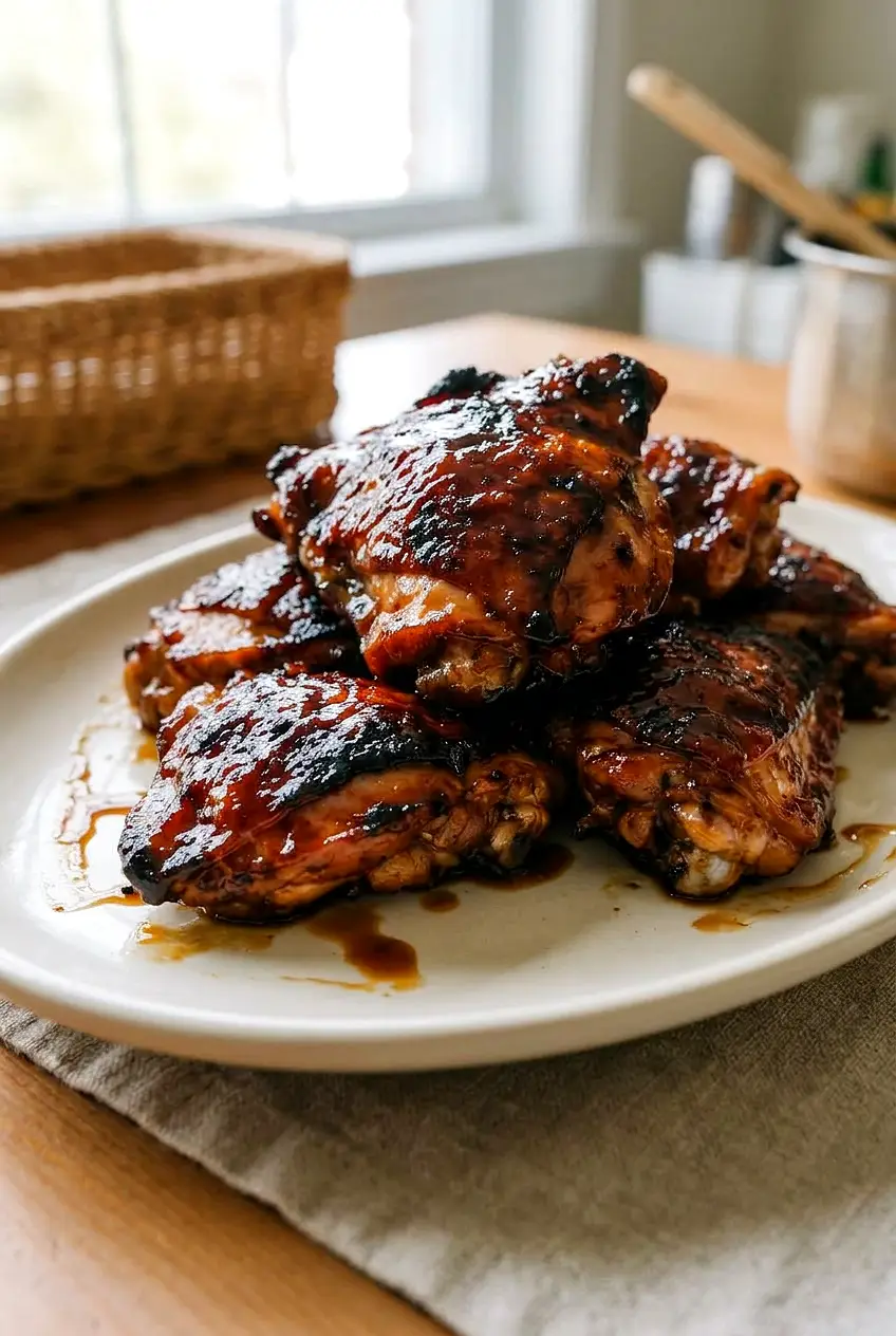 Char siu chicken thigh shown from the side with sticky glaze and crisp edges