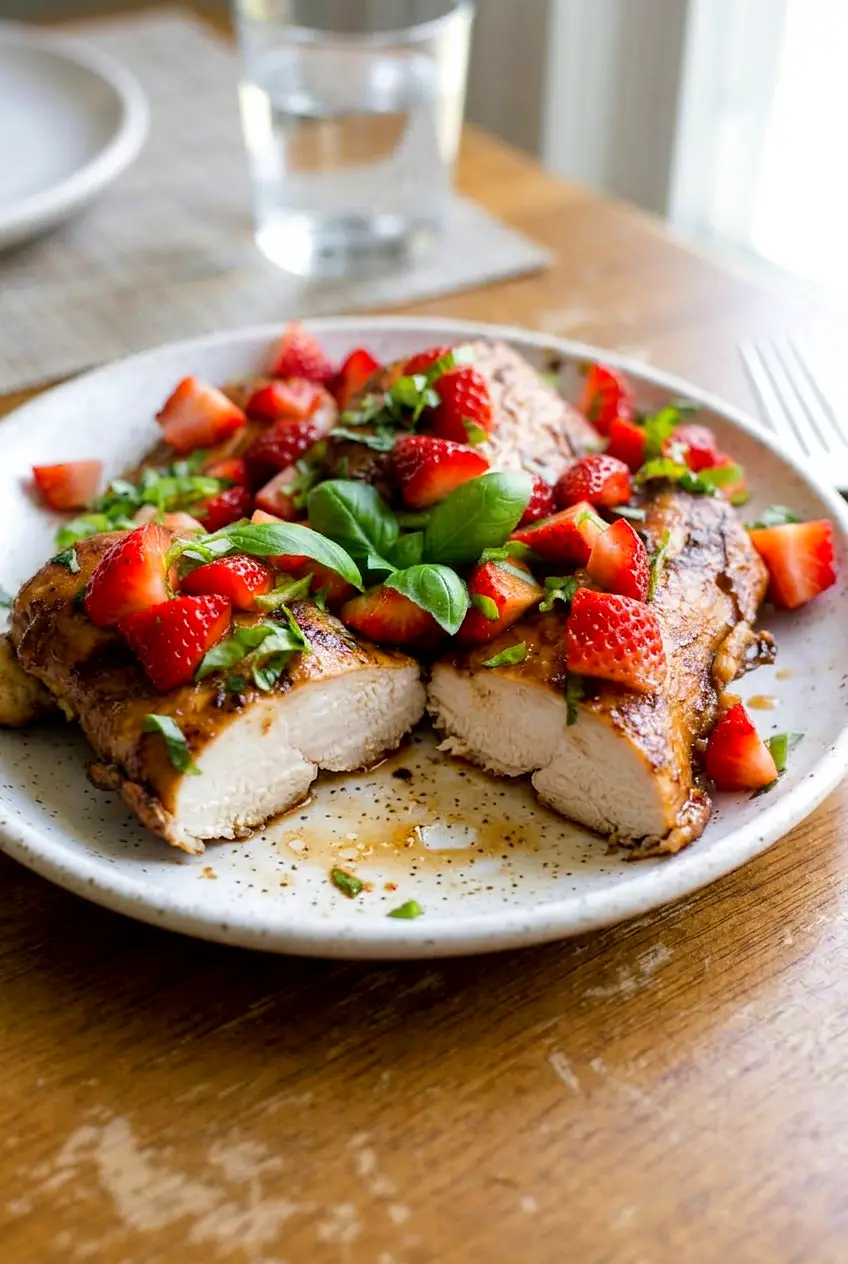 Strawberry basil chicken sliced on a plate with strawberries and basil spooned over the top