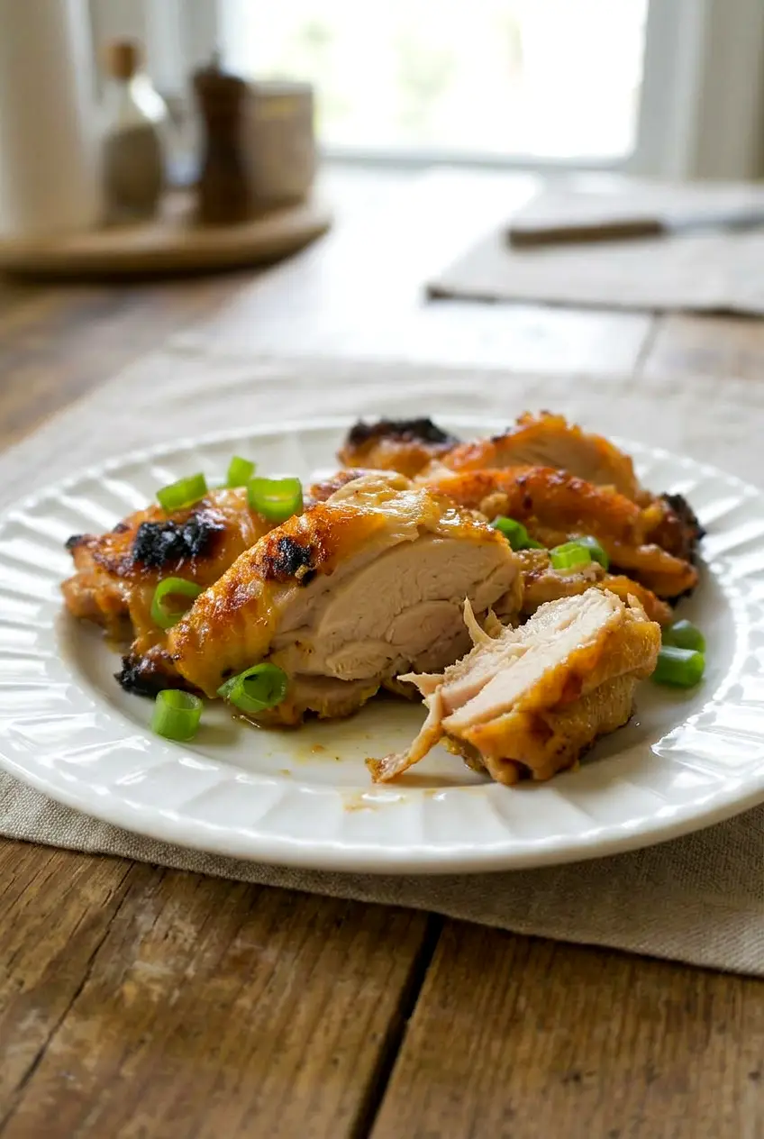 Side view of Vietnamese lemongrass chicken with browned edges and tender texture