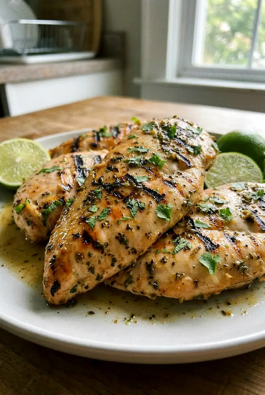 Sliced Key West grilled chicken on a plate, showing tender, juicy pieces with grill marks