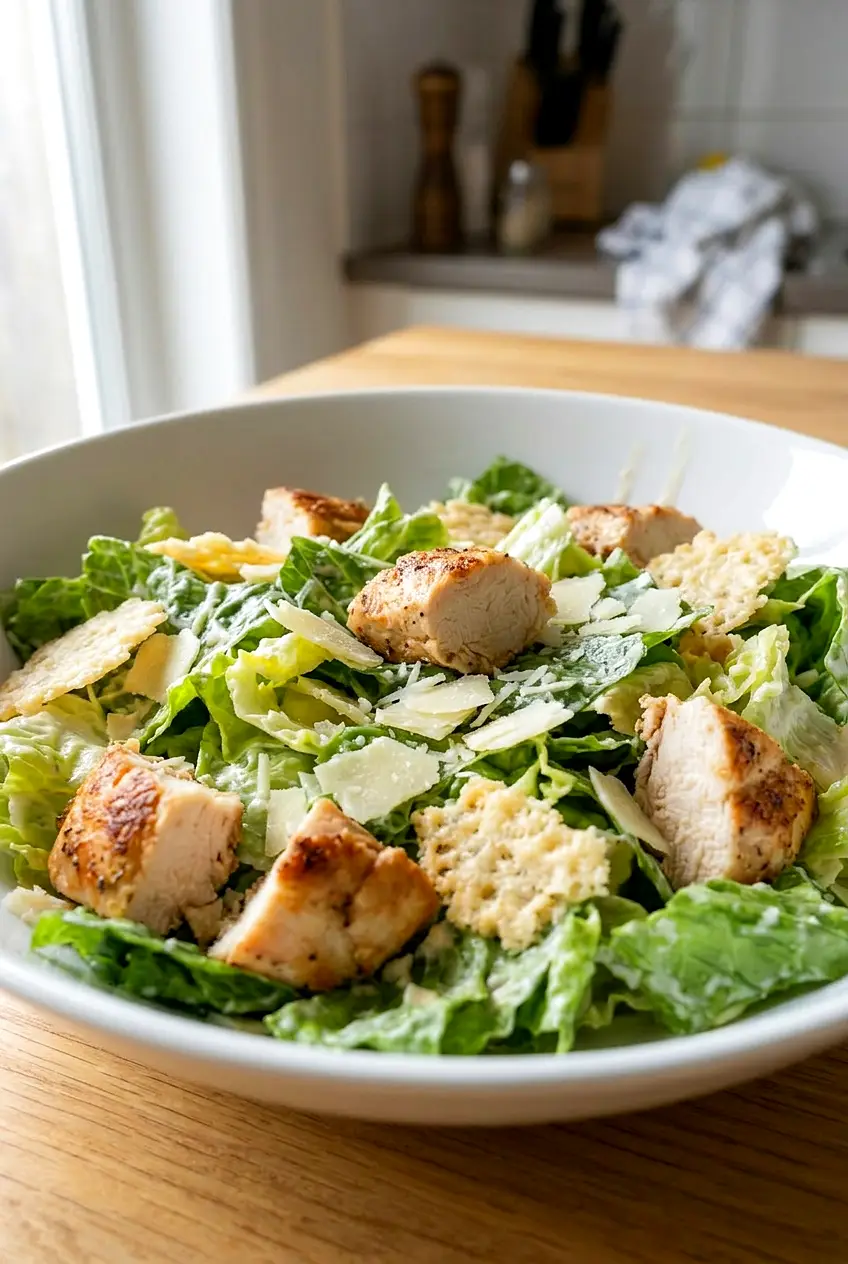 Side view of keto chicken Caesar salad with Parmesan crisps and thin sliced chicken