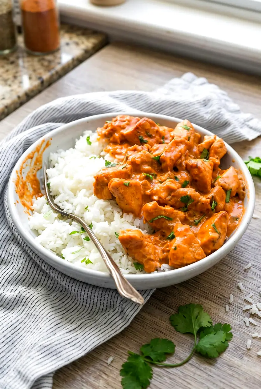 Coconut chicken rice bowl served over rice with creamy sauce and cilantro