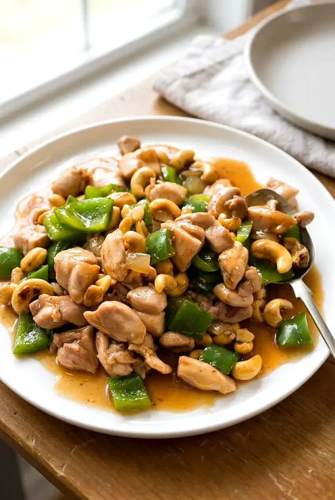 Cashew chicken served on a white plate with glossy sauce and roasted cashews