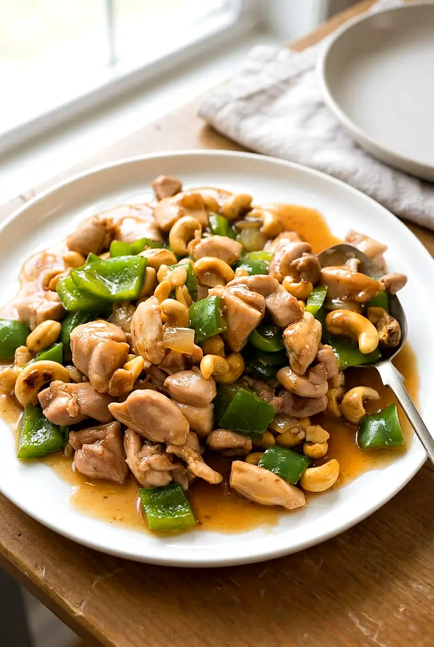 Cashew chicken served on a white plate with glossy sauce and roasted cashews