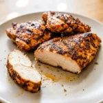 Grilled Mexican chicken breasts on a simple plate with light char marks