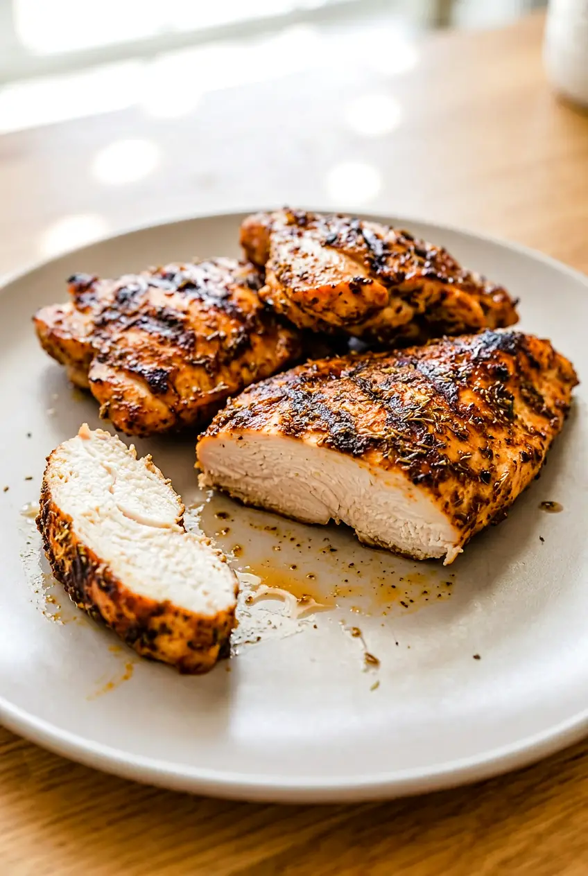 Grilled Mexican chicken breasts on a simple plate with light char marks