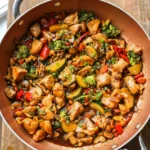 Chicken stir-fry with broccoli, peppers, mushrooms, zucchini, and cashews in a skillet