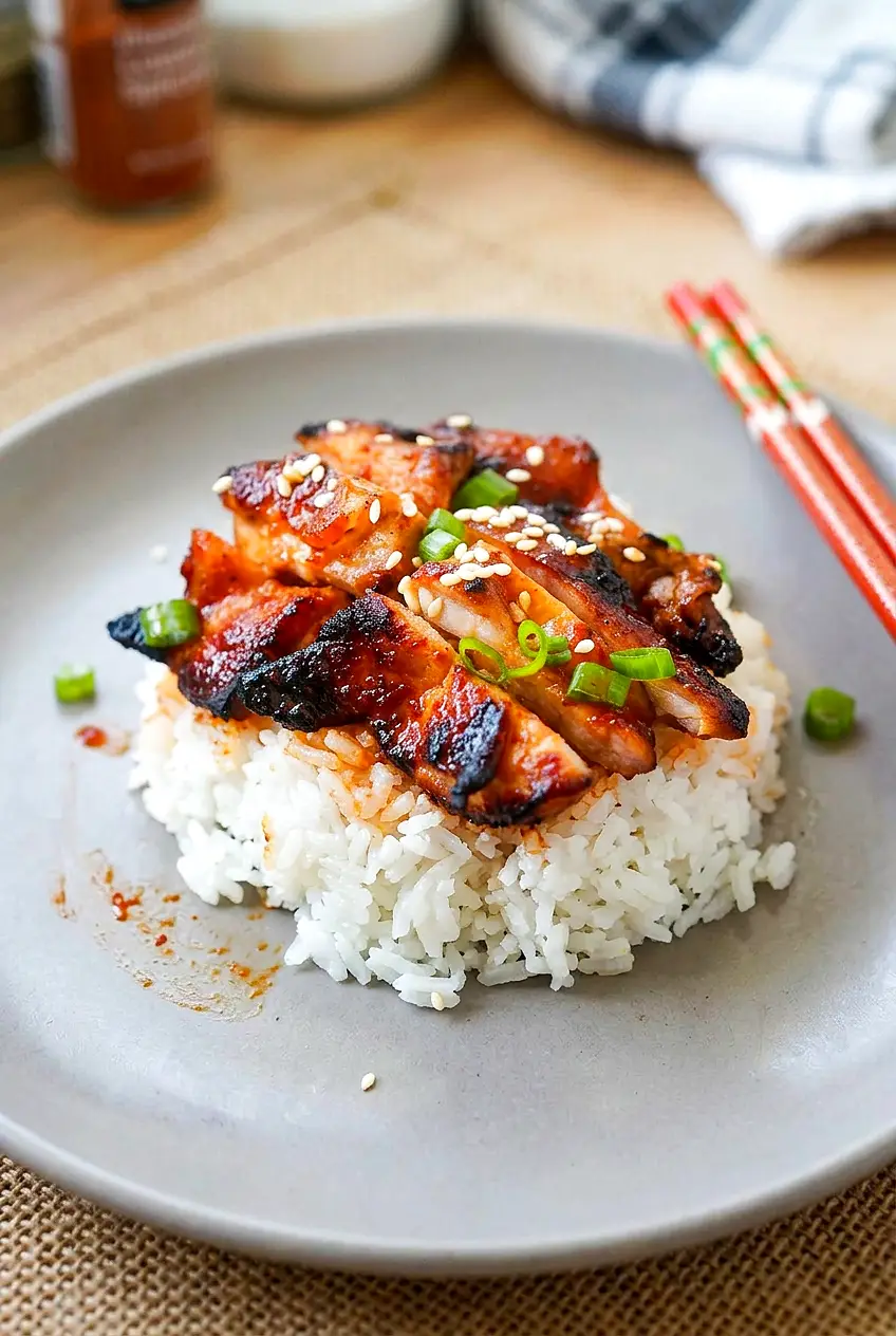 Spicy Korean chicken glazed and served with rice, green onions, and sesame seeds