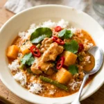 Thai red curry chicken in a bowl over jasmine rice with green beans and squash in creamy sauce