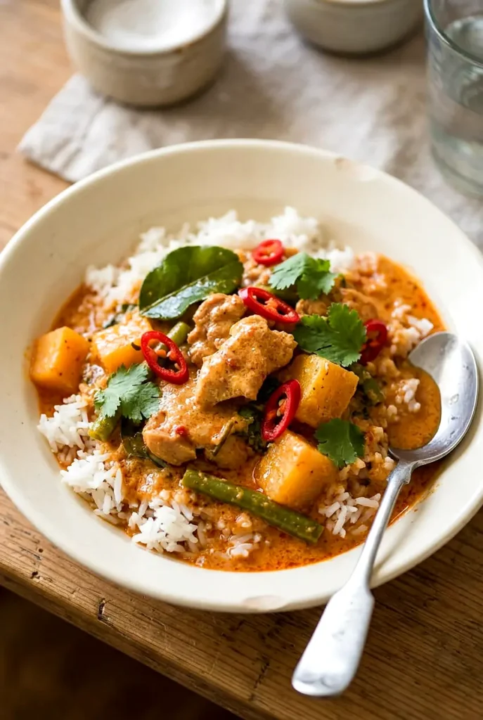 Thai red curry chicken in a bowl over jasmine rice with green beans and squash in creamy sauce