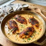 Creamy Cajun chicken served in a big skillet with chicken breasts in Parmesan cream sauce and vegetables