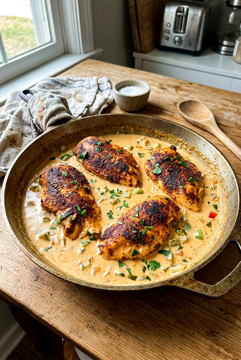 Creamy Cajun chicken served in a big skillet with chicken breasts in Parmesan cream sauce and vegetables