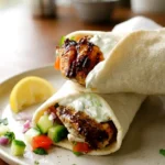 Greek chicken gyros in warm pita with sliced chicken, tzatziki, and tomato-cucumber-onion salad