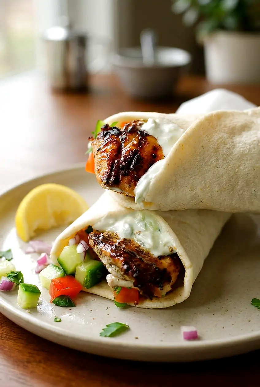 Greek chicken gyros in warm pita with sliced chicken, tzatziki, and tomato-cucumber-onion salad