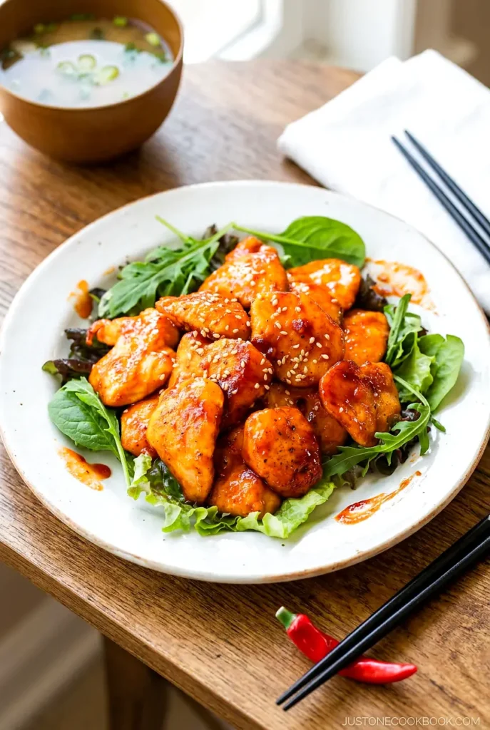 Honey gochujang chicken on a white plate with sesame seeds and green salad