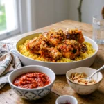 Moroccan harissa chicken served over saffron rice with caramelized onions in a large bowl