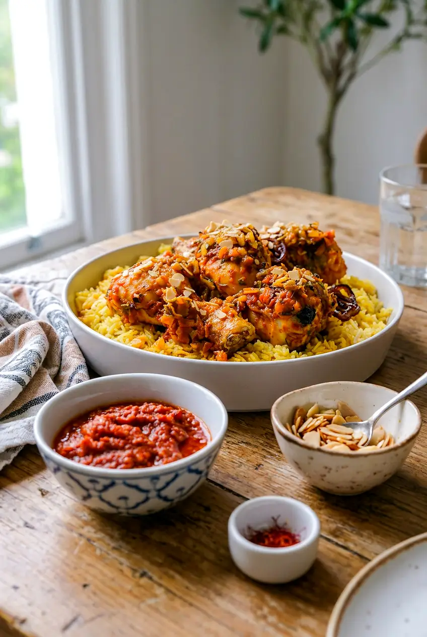 Moroccan harissa chicken served over saffron rice with caramelized onions in a large bowl