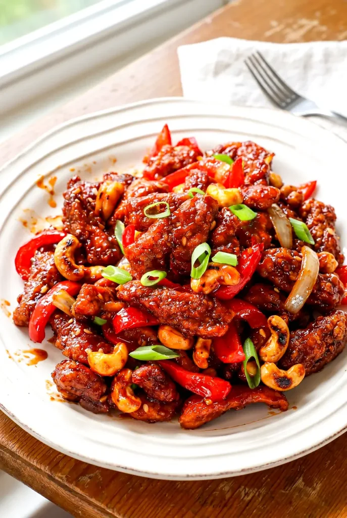Spicy Dragon Chicken served with crispy chicken, bell peppers, onions, and cashews in glossy sauce