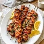 Grilled Turkish yogurt chicken kabobs on a white platter with sliced lemons