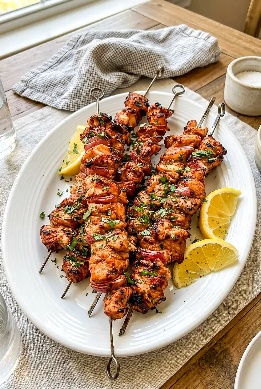 Grilled Turkish yogurt chicken kabobs on a white platter with sliced lemons