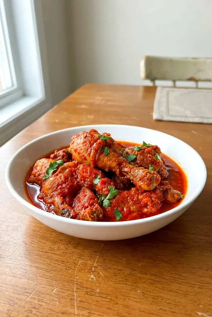Nigerian chicken stew served in a bowl with thick red sauce coating the chicken