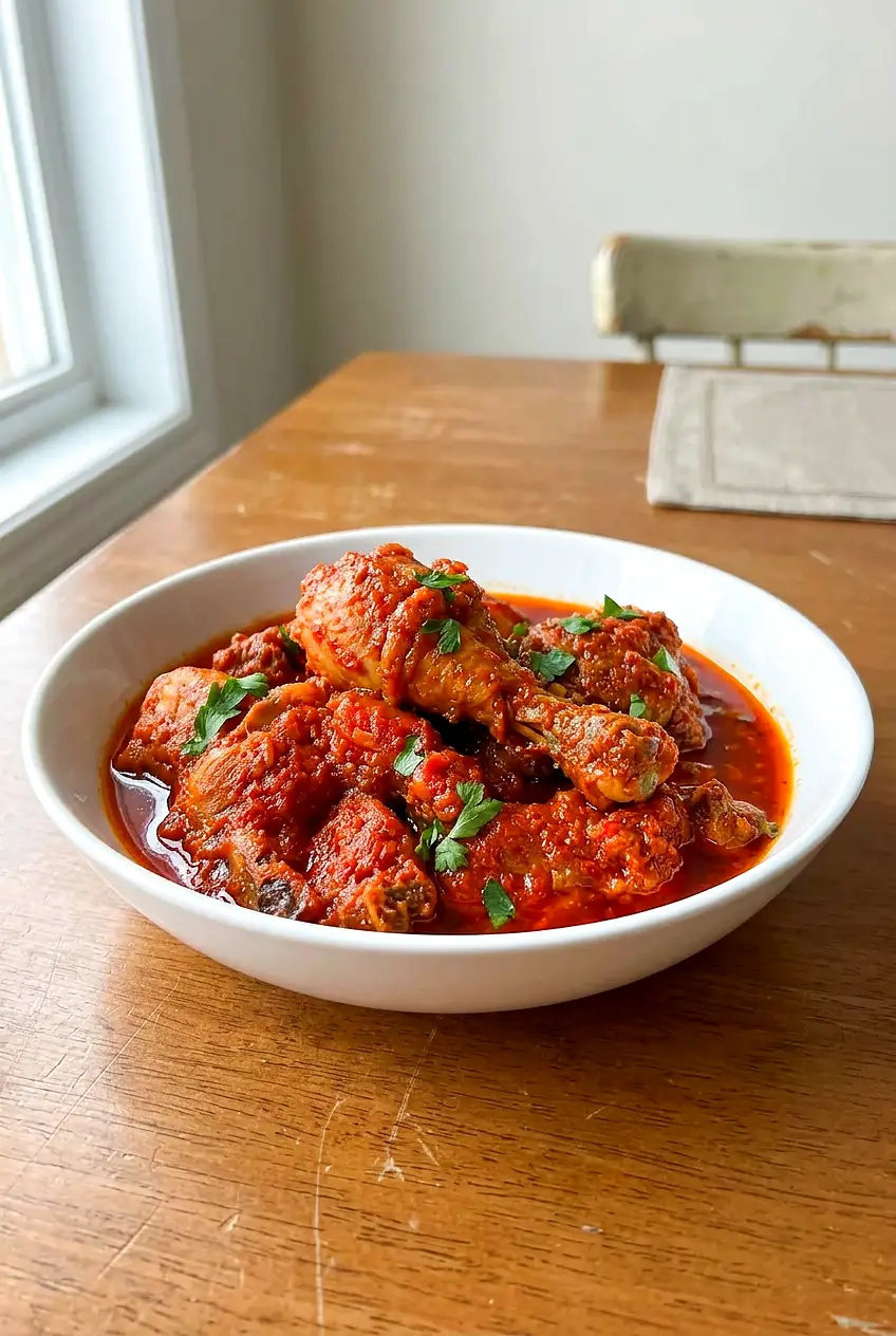 Nigerian chicken stew served in a bowl with thick red sauce coating the chicken