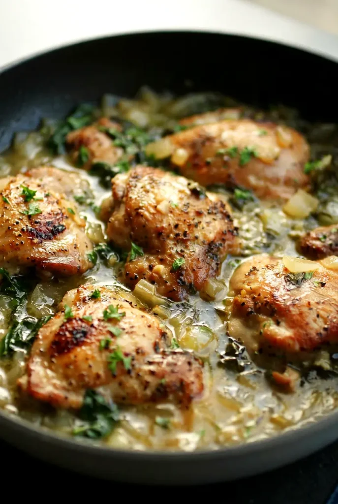 Garlic lemon chicken thighs in a skillet with spinach and light pan sauce