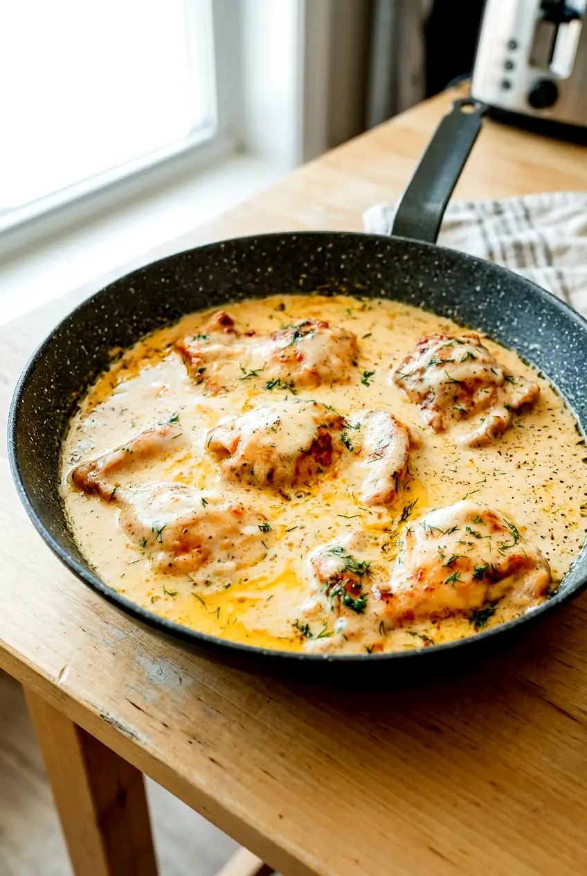 Creamy oven baked chicken thighs served with garlic-Parmesan sauce and dill in a skillet