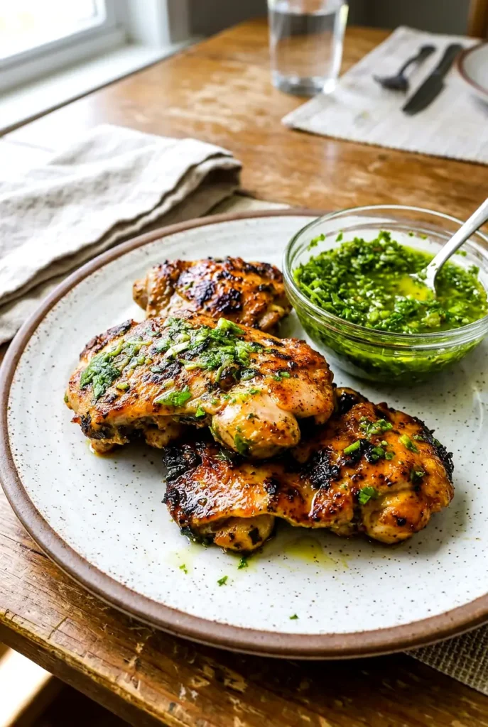 Chimichurri chicken thighs plated with a bowl of chimichurri on the side