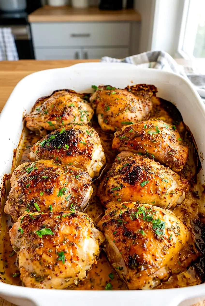 Baked honey mustard chicken thighs in a baking dish with glossy sauce and browned skin