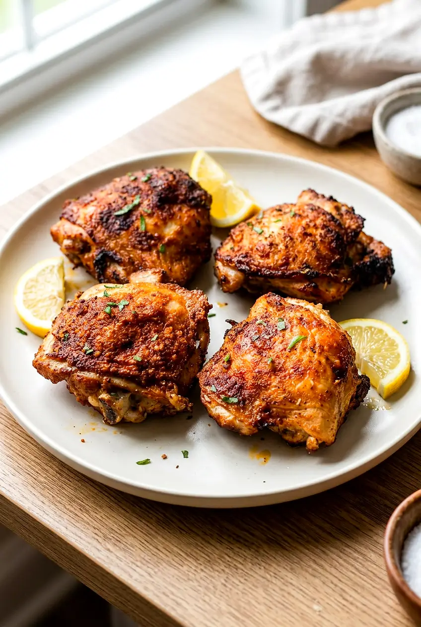 Crispy chicken thighs on a simple plate with browned skin and lemon wedges