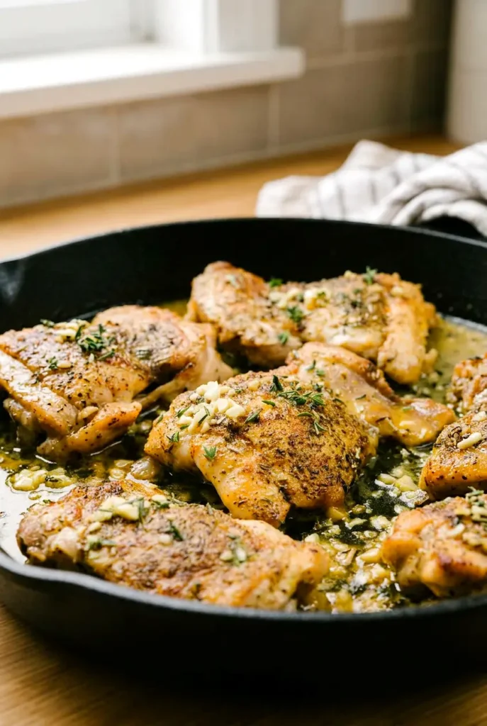 Garlic butter chicken thighs in a skillet with glossy pan sauce and fresh thyme.