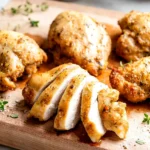 Sliced baked boneless skinless chicken thighs on a cutting board