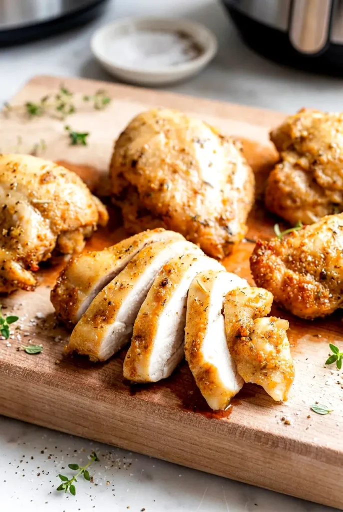 Sliced baked boneless skinless chicken thighs on a cutting board