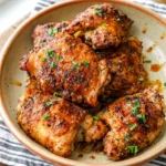 Baked chicken thighs plated with crisp browned skin on a simple dinner plate.