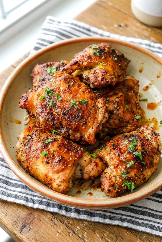 Baked chicken thighs plated with crisp browned skin on a simple dinner plate.