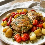 Mediterranean chicken thighs with potatoes and tomatoes served on a plate with pan juices