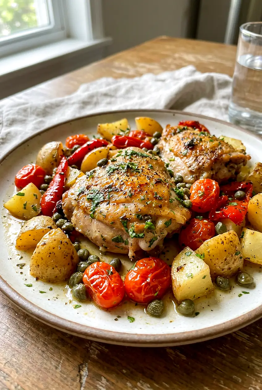Mediterranean chicken thighs with potatoes and tomatoes served on a plate with pan juices