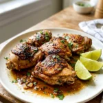 Crispy cilantro lime chicken thighs served on a plate with browned edges and fresh cilantro