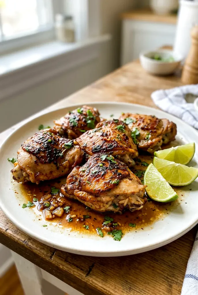 Crispy cilantro lime chicken thighs served on a plate with browned edges and fresh cilantro