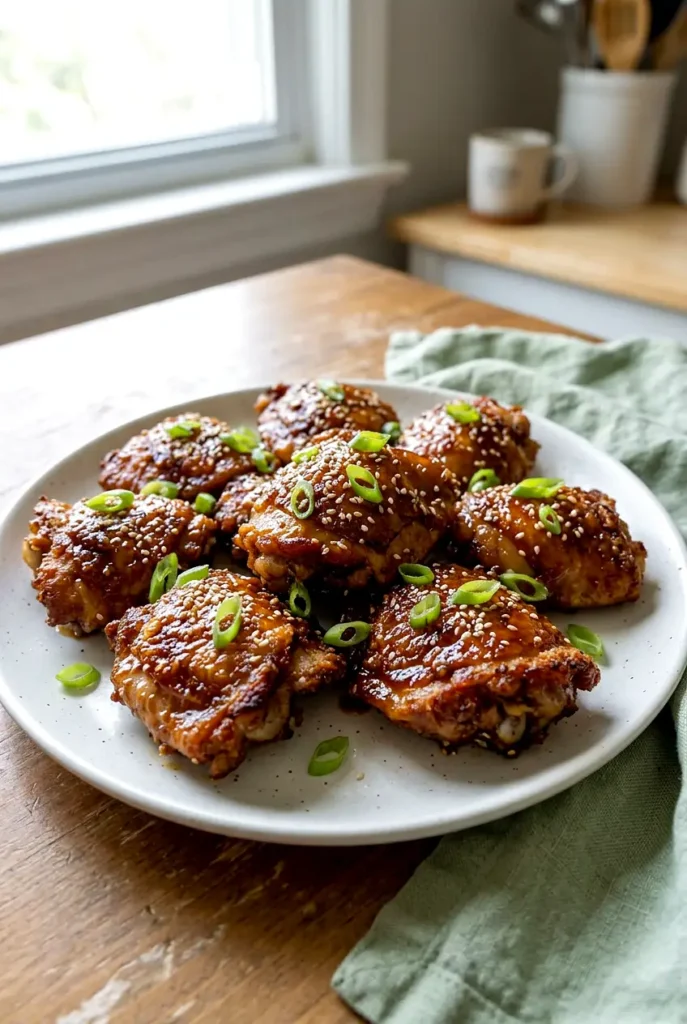 Plate of Korean soy garlic chicken thighs with glossy sauce, sesame seeds, and sliced green onions