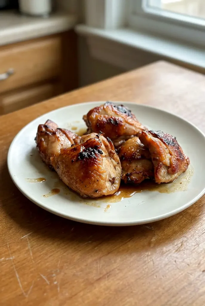 Baked honey soy chicken thighs glazed and browned on a simple plate