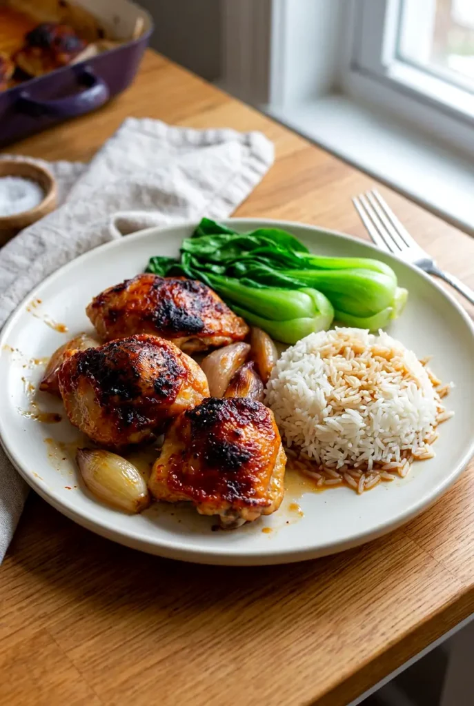 Garlic miso chicken thighs with roasted shallots served over rice and bok choy