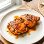 Old Bay chicken thighs on a simple plate with browned, crisp skin and savory juices