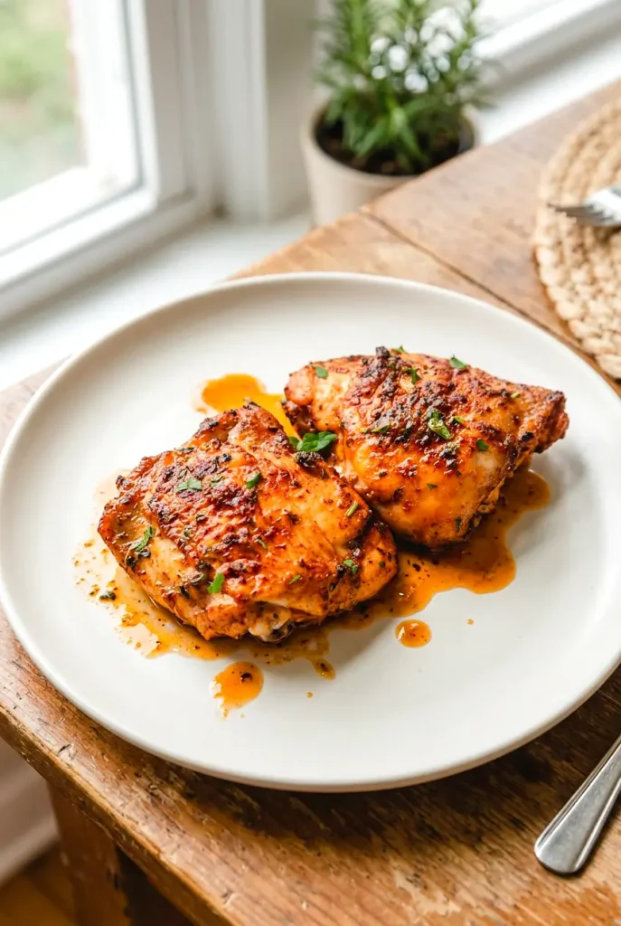 Old Bay chicken thighs on a simple plate with browned, crisp skin and savory juices