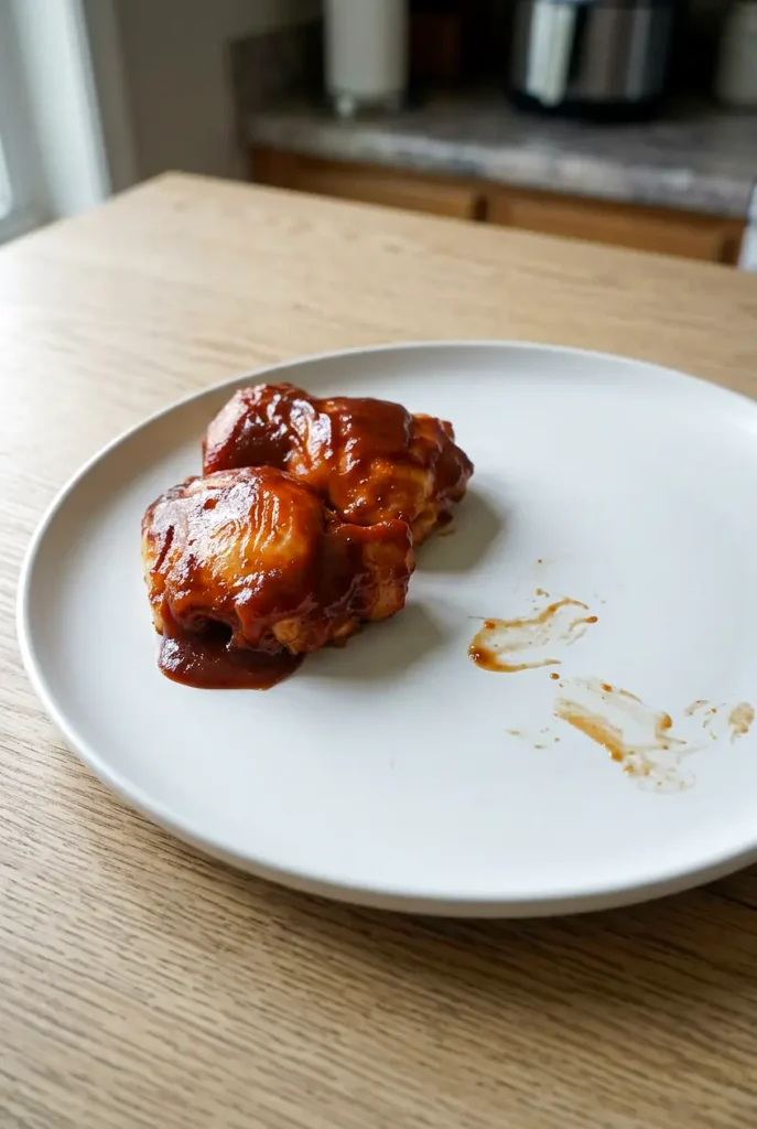 Low carb BBQ chicken thighs glazed with barbecue sauce on a simple dinner plate