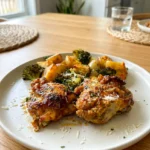 Sheet pan Parmesan garlic chicken thighs with roasted potatoes, broccoli, and onion on a serving plate
