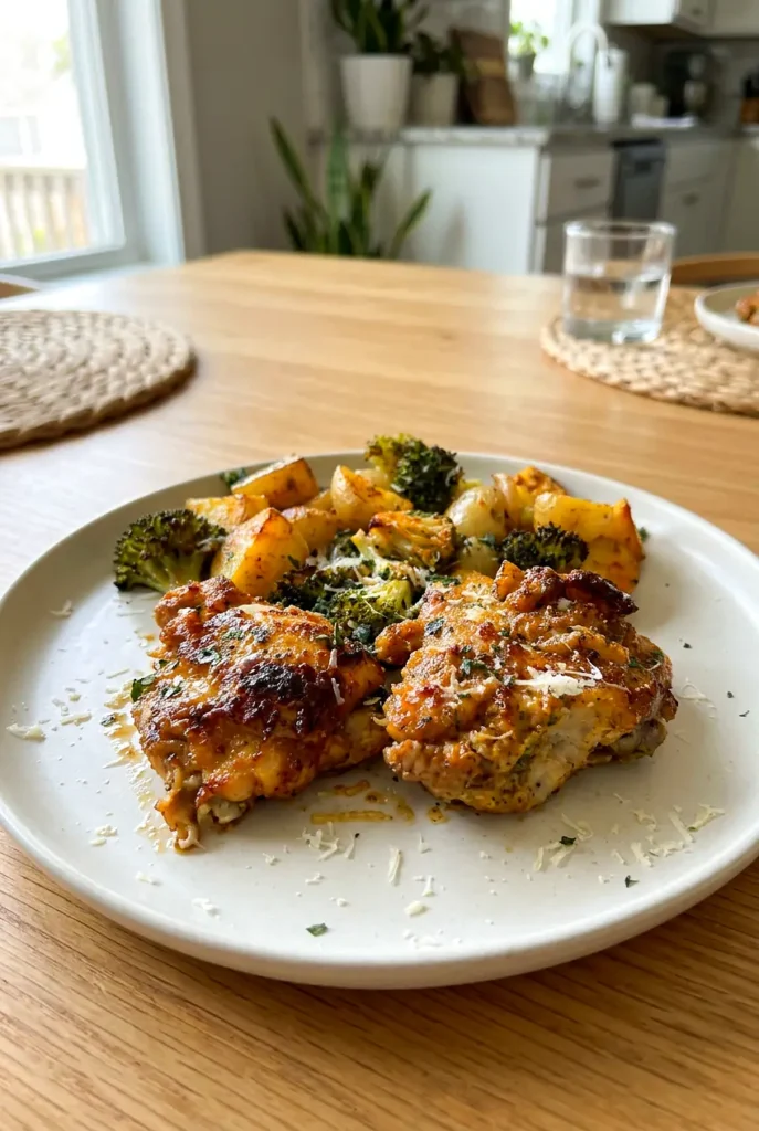 Sheet pan Parmesan garlic chicken thighs with roasted potatoes, broccoli, and onion on a serving plate