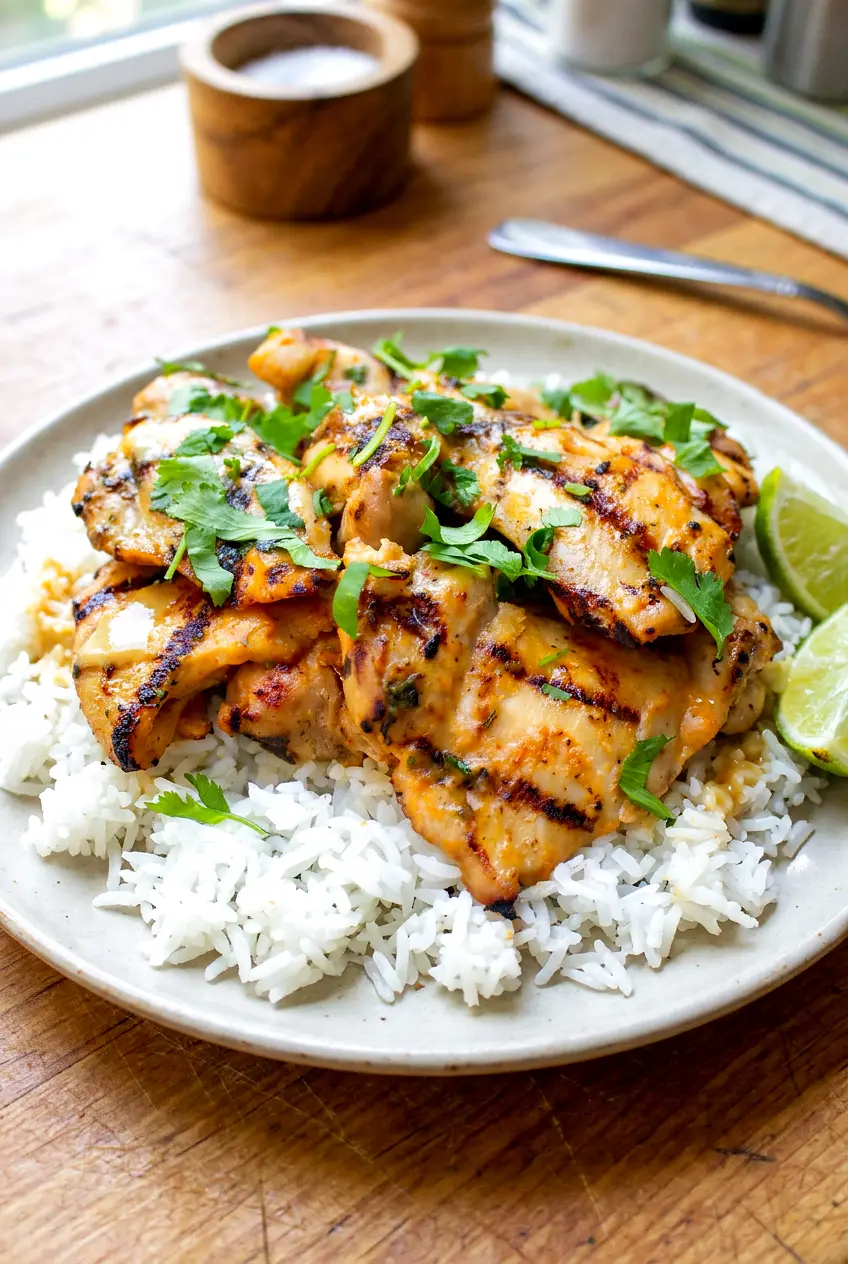 Thai boneless chicken thighs served on a plate with a light coconut curry sauce and cilantro