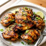 Juicy chicken thighs brushed with marinade and browned on a simple plate